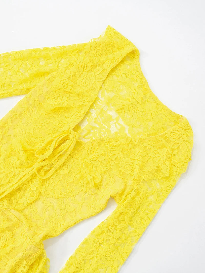 Lace Ruffled Sexy Mini Dress For Women Robe Deep V Neck Flare Long Sleeve Draped A-line Club Party Dress Vestido