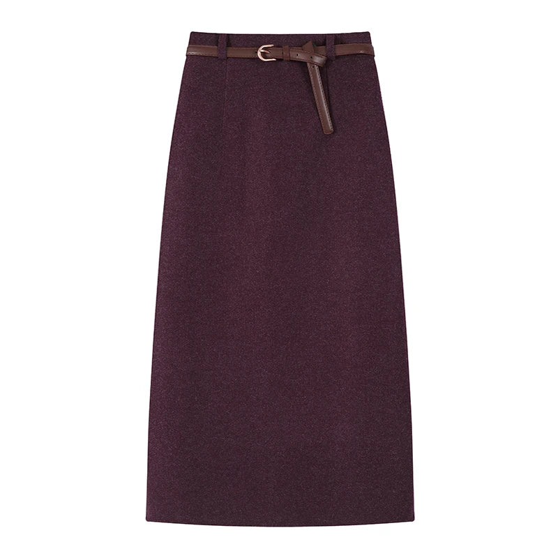 Autumn Winter New Beige Purple Elegant Woolen Skirt Female Black Elastic High Waist Party Wrap Hip Mid-length Skirt Vintage Chic