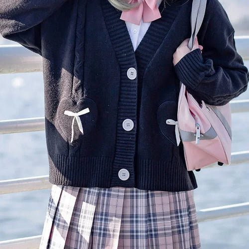 Load image into Gallery viewer, Japanese Kawaii Knitted Cardigan Women Heart Bow Pockets Cute Sweater Coat JK Girl Sweet Loose V-neck Kardigan Damski
