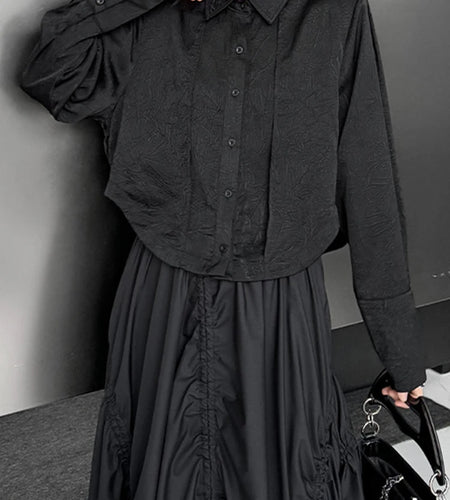 Women Black Textured Big Size Elegant Short Blouse New Lapel Long Sleeve Shirt Fashion Tide Spring Autumn 2025 1DJ1095