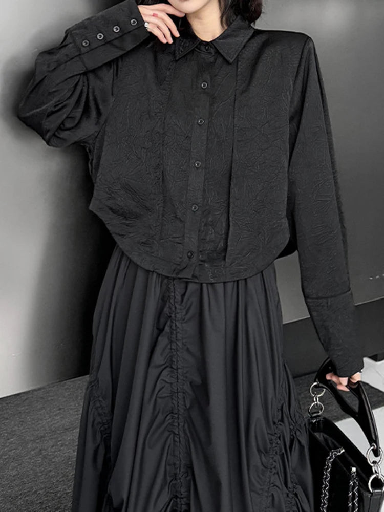 Women Black Textured Big Size Elegant Short Blouse New Lapel Long Sleeve Shirt Fashion Tide Spring Autumn 2025 1DJ1095