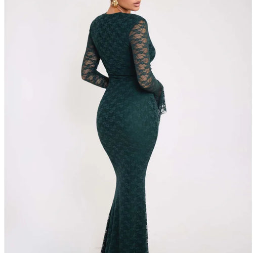 Load image into Gallery viewer, Sexy Lace Patchwork Tight Elastic Dress For Women Deep V Flared Long Sleeves Maxi Vestidos Elegant Party Clubwear 2024
