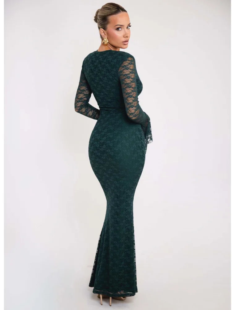 Sexy Lace Patchwork Tight Elastic Dress For Women Deep V Flared Long Sleeves Maxi Vestidos Elegant Party Clubwear 2024