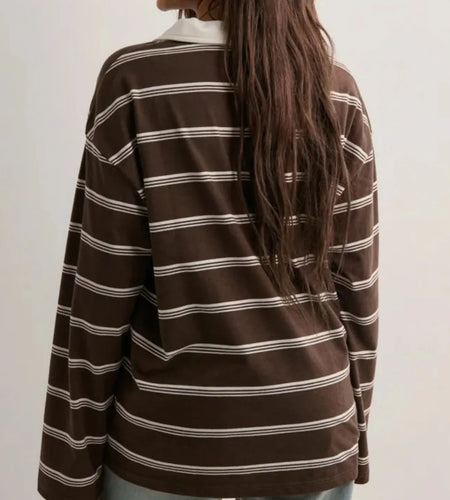 Women T Shirt y2k Clothes Contrast Color Striped Lapel Collar Buttons Long Seeve Loose Top 2000s Clothing Streetwear