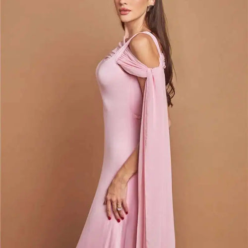 Load image into Gallery viewer, Pink Cape Sleeve Sexy Maxi Dress For Women Off-shoulder Backless Gown Elegant Skew Collar Lace-up Long Dress Vestido
