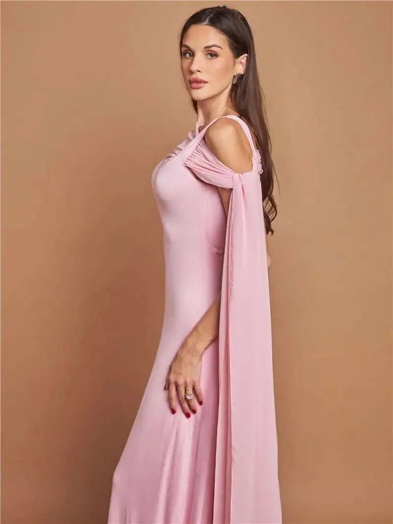Pink Cape Sleeve Sexy Maxi Dress For Women Off-shoulder Backless Gown Elegant Skew Collar Lace-up Long Dress Vestido