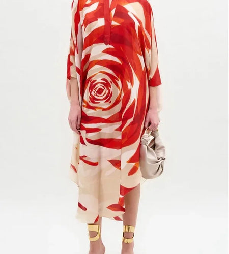 Fashion Flower Print Oversize Midi Elegant Dress Women 2025 Summer Autumn Womans Batwing Sleeve Loose Long Dresses