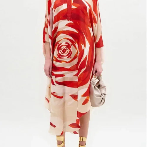 Load image into Gallery viewer, Fashion Flower Print Oversize Midi Elegant Dress Women 2025 Summer Autumn Womans Batwing Sleeve Loose Long Dresses
