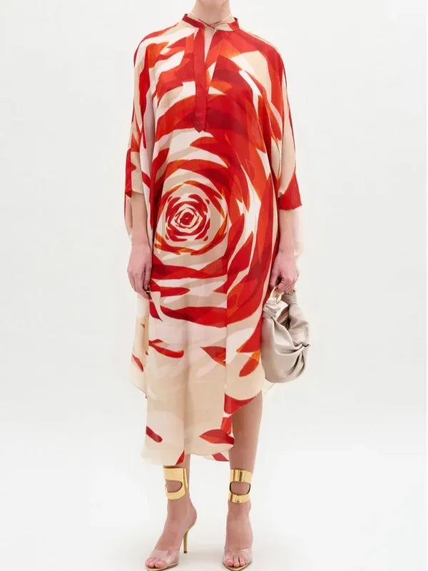 Fashion Flower Print Oversize Midi Elegant Dress Women 2025 Summer Autumn Womans Batwing Sleeve Loose Long Dresses