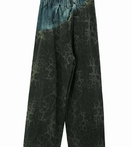 High Elastic Waist Green Leopard Print Denim Long Wide Leg Pants New Trousers Women Fashion Spring Autumn 2025 1DH6193
