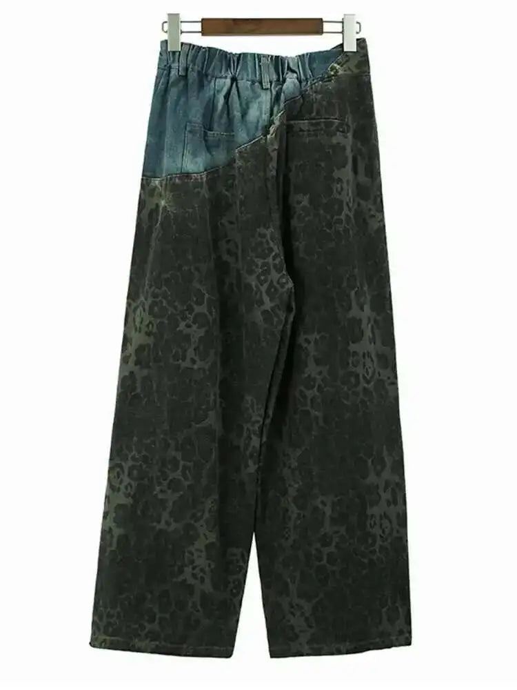 High Elastic Waist Green Leopard Print Denim Long Wide Leg Pants New Trousers Women Fashion Spring Autumn 2025 1DH6193