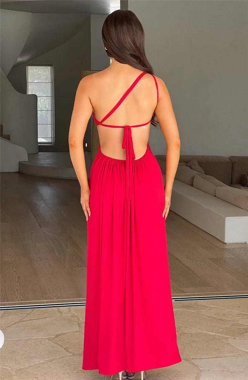 One Shoulder Diagonal Collar Backless Sexy Maxi Dress For Women Robe Fashion Off-shoulder Sleeveless High Split Dress