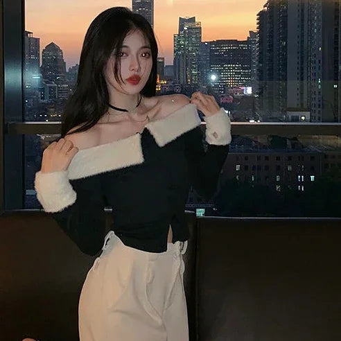 Sexy Off Shoulder Fluffy Patchwork Slash Neck Cardigan T-shirt Women Contast Color Korean Fashion Slim Cardigans Fairy Cropped