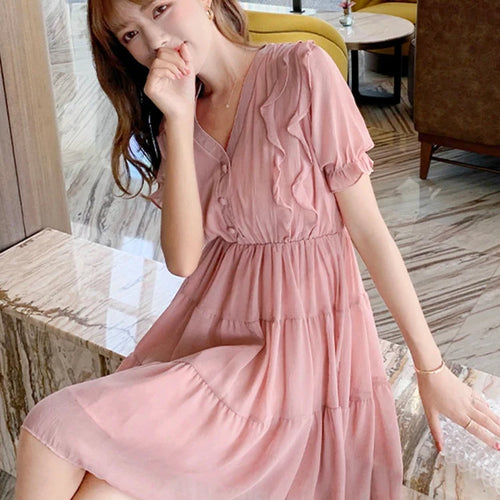 Load image into Gallery viewer, French Style V-neck Ruffles Chiffon Female Dresses Elegant Solid Color Princess Sleeve High Waist Slim Streetwear Outfits
