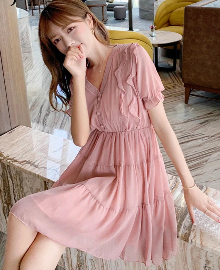 French Style V-neck Ruffles Chiffon Female Dresses Elegant Solid Color Princess Sleeve High Waist Slim Streetwear Outfits