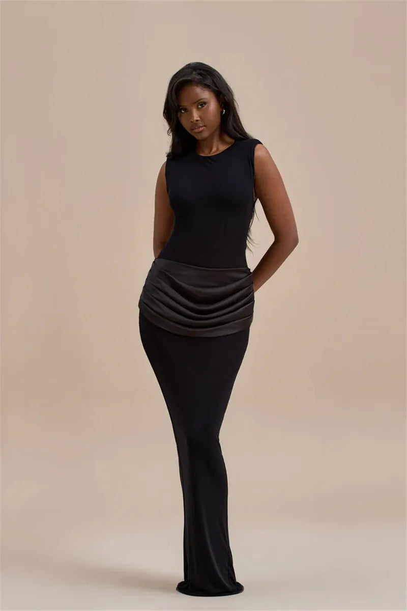 Sleeveless Ruched Sexy Maxi Dress For Women Gown Fashion Black O Neck High Waist Bodycon Club Party Long Dress Vestido