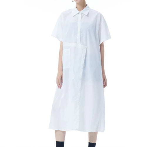 Load image into Gallery viewer, Women Black Irregular Button Big Size Midi Shirt Dress New Lapel Short Sleeve Fashion Tide Spring Summer 2025 1DJ0954
