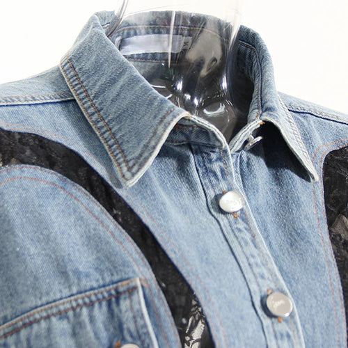 Load image into Gallery viewer, Loose Fit Blue Denim Lace Big Size Casual Jacket New Lapel Long Sleeve Women Coat Fashion Tide Spring Autumn 2025 1DH1698
