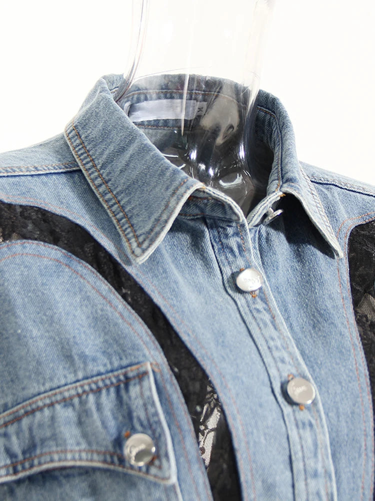 Loose Fit Blue Denim Lace Big Size Casual Jacket New Lapel Long Sleeve Women Coat Fashion Tide Spring Autumn 2025 1DH1698