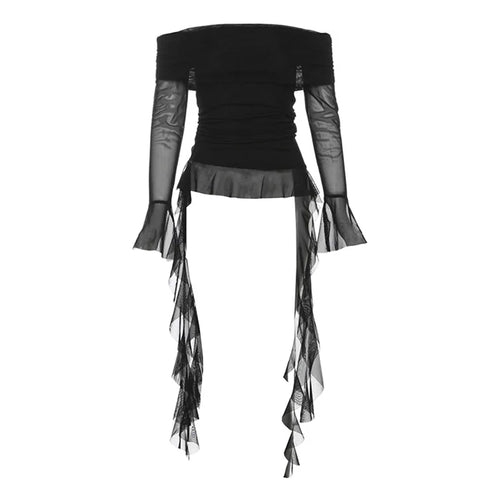 Load image into Gallery viewer, Sexy Slash Neck Off Shoulder Gauze Tshirts Women Y2k Aesthetic Irregular Ruffled Slim Fit Grunge Top Harajuku Vintage Fairy Tees
