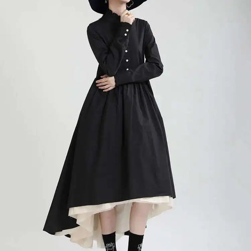 Load image into Gallery viewer, Women Black Layers Irregular Long Elegant Dress New Stand Collar Long Sleeve Fashion Tide Spring Autumn 2025 1DH9894
