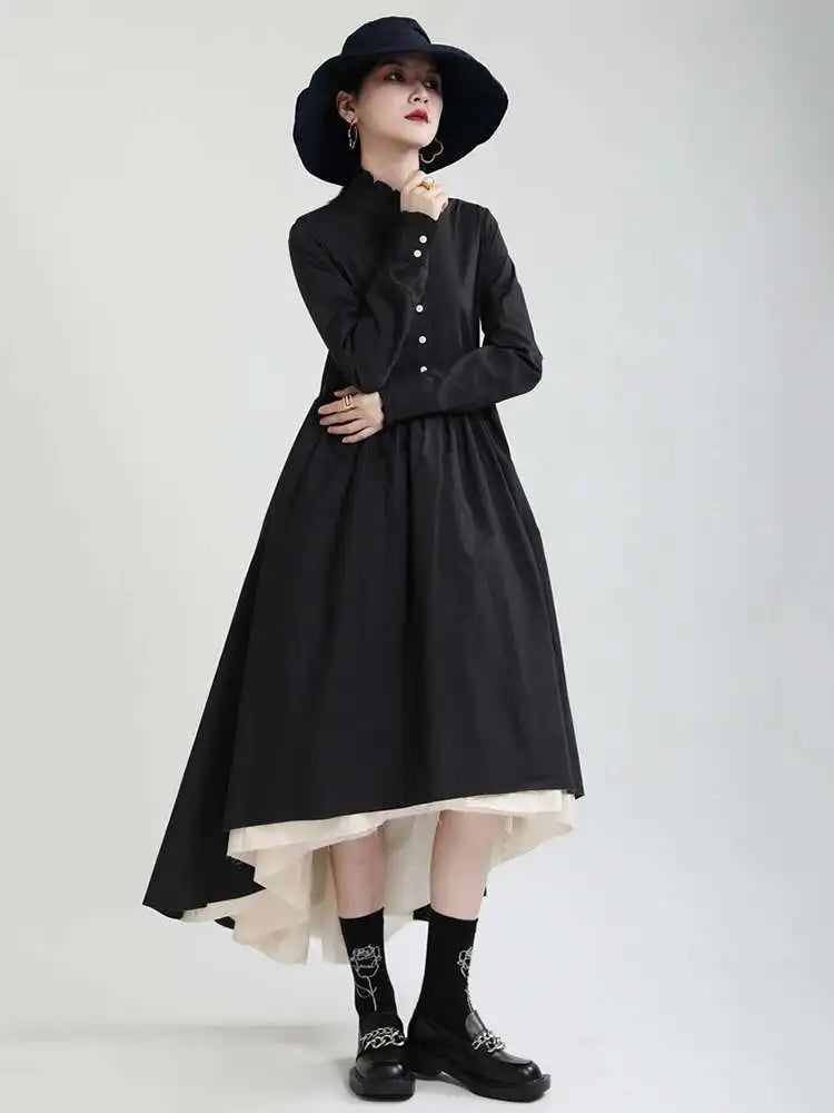 Women Black Layers Irregular Long Elegant Dress New Stand Collar Long Sleeve Fashion Tide Spring Autumn 2025 1DH9894