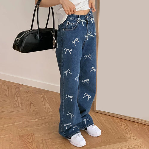 Load image into Gallery viewer, Korean Fashion Bow Pattern Printed Women Jeans Low Waisted Straight Leg Denim Trousers Cute Sweet Harajuku Sweatpants
