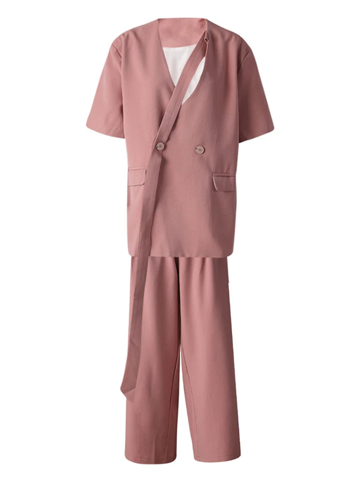 Big Size Green Blazer Wide Leg Pants Two Piece Suit New V-Neck Short Sleeve Women Fashion Tide Spring Summer 2025 CPG3079