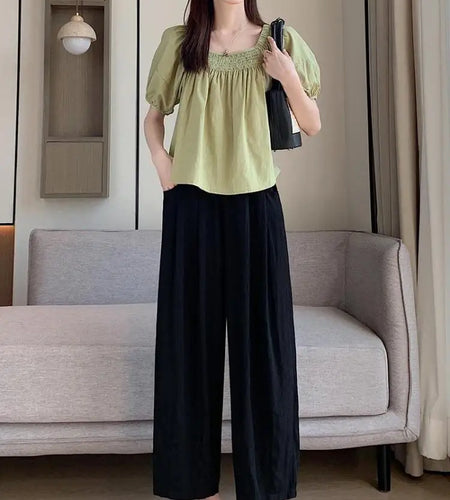 Summer Women Solid Loose Plus Size Casual High Waist Pocket Pleated Ankle-length Wide Leg Pant 2024 Ladies Versatile Popular New