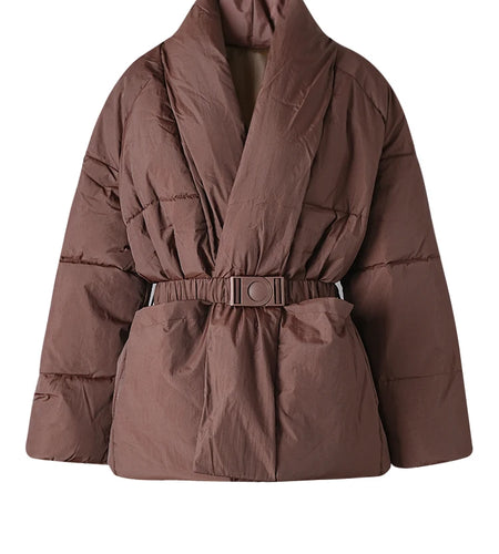 Brown Belted Big Size Keep Warm Cotton-padded Coat Long Sleeve Women Parkas Fashion Tide New Autumn Winter 2025 2Z2885