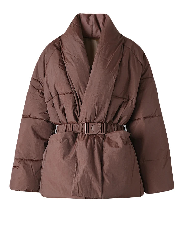 Brown Belted Big Size Keep Warm Cotton-padded Coat Long Sleeve Women Parkas Fashion Tide New Autumn Winter 2025 2Z2885