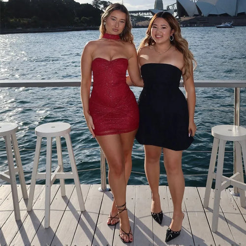 Load image into Gallery viewer, Halter Strapless Ruched Sexy Mini Dress For Women Robe Fashion Solid Off-shoulder Backless Sleeveless Club Dress New
