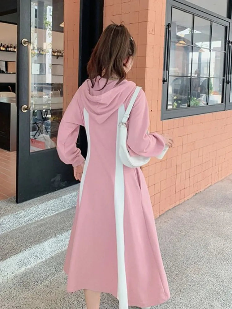 Korean Style School Hooded Dress Women Y2k Sport Casual Oversize Dresses Student Kpop Streetwear Autumn Witner