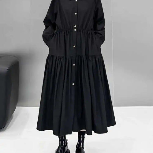 Load image into Gallery viewer, Women Black Big Size Elegant Shirt Dress Brief Pleated Hem New Lapel Long Sleeve Fashion Tide Spring Autumn 2025 1DH9327
