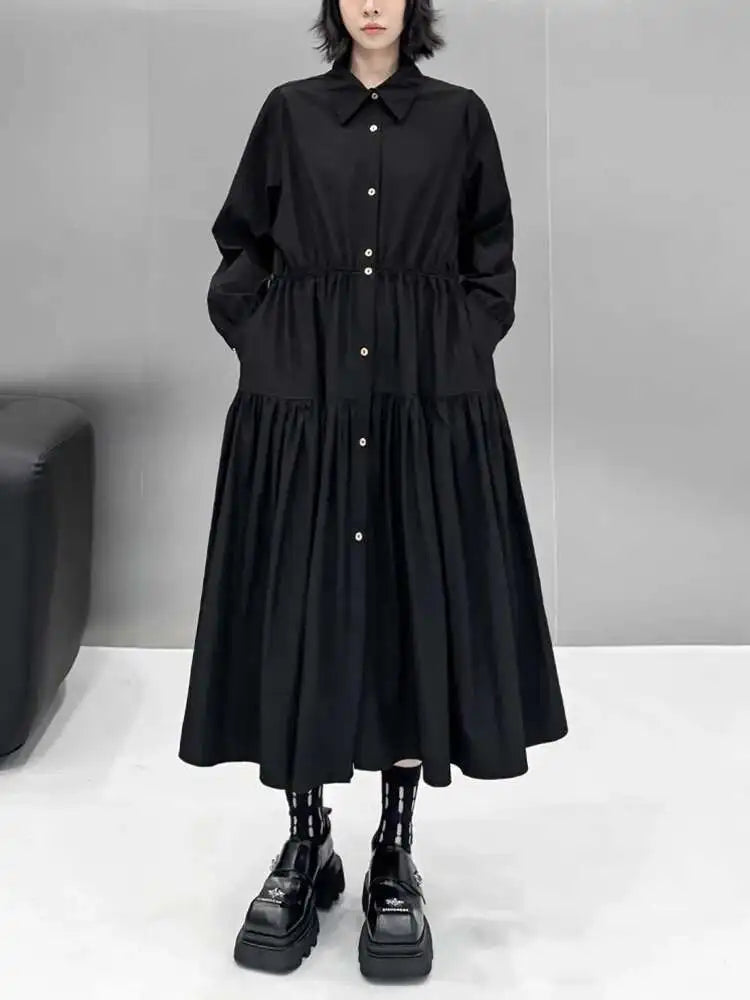 Women Black Big Size Elegant Shirt Dress Brief Pleated Hem New Lapel Long Sleeve Fashion Tide Spring Autumn 2025 1DH9327