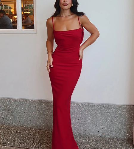 Spaghetti Strap Backless Sexy Maxi Dress Women Gown Summer New Fashion Solid High Waist Evening Beach Club Long Dress