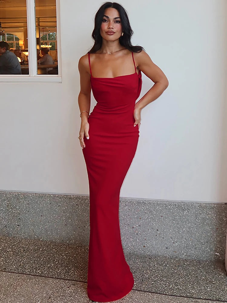 Spaghetti Strap Backless Sexy Maxi Dress Women Gown Summer New Fashion Solid High Waist Evening Beach Club Long Dress