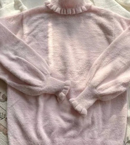 Soft Basic Pullover Women Japanese Ruffle Turtleneck Puff Sleeve Sweater Jk Lolita Inside Jumper  Fairy Sueter Top