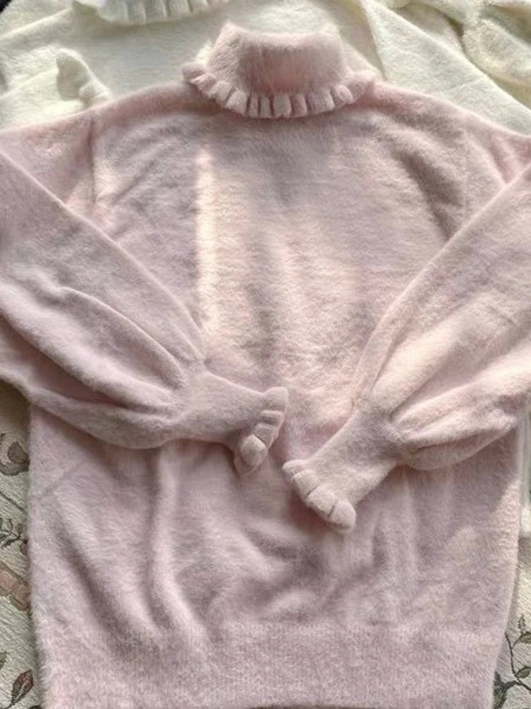 Soft Basic Pullover Women Japanese Ruffle Turtleneck Puff Sleeve Sweater Jk Lolita Inside Jumper  Fairy Sueter Top