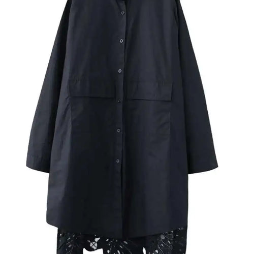 Load image into Gallery viewer, Women Black Back Lace Big Size Long Blouse New Stand Collar Long Sleeve Shirt Fashion Tide Spring Autumn 2025 1DH5873
