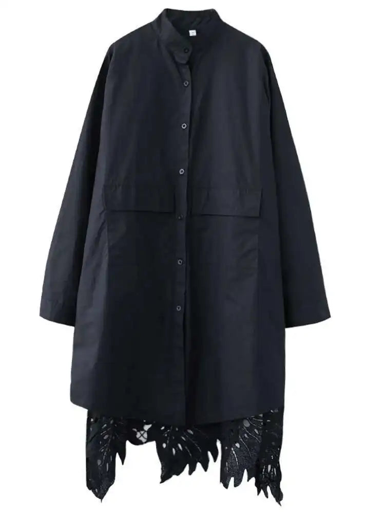 Women Black Back Lace Big Size Long Blouse New Stand Collar Long Sleeve Shirt Fashion Tide Spring Autumn 2025 1DH5873