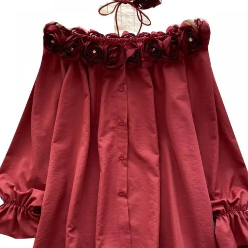 Load image into Gallery viewer, Autumn Korean Fashion Solid Diamond Floral Decoration Shirt Women Long Sleeves Off Shoulder Top Versatile Single Breasted Blouse
