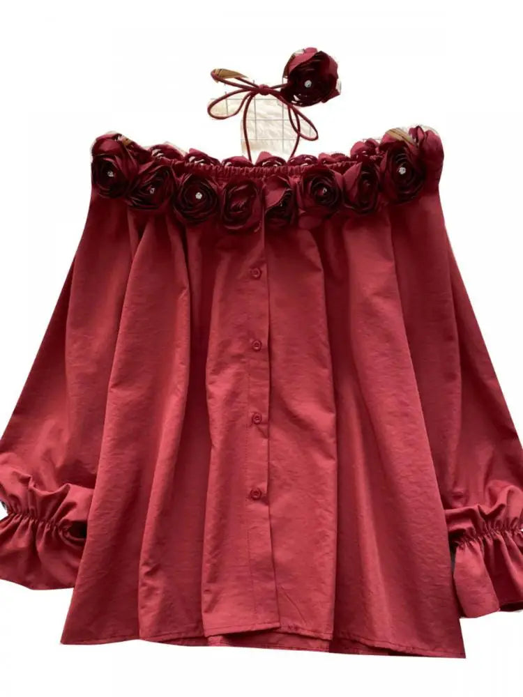 Autumn Korean Fashion Solid Diamond Floral Decoration Shirt Women Long Sleeves Off Shoulder Top Versatile Single Breasted Blouse