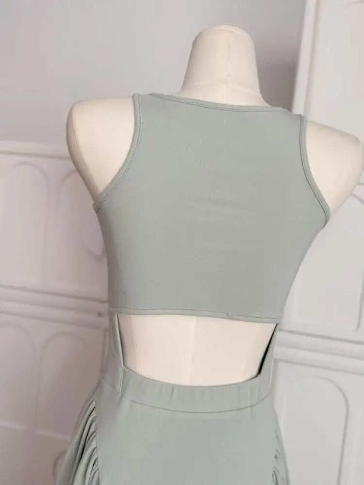 Summer Green Elegant Sleeveless Hollow Out Slim Pleated Long Dress Women's New Round Neck High Waist Vacation Vest Dress Fashion