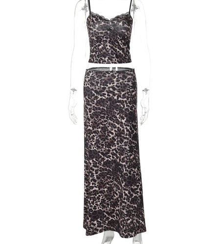 Leopard Print 2 Pcs Sets Patchwork Draped Bow Sexy Crop Camis Maxi Skirt Summer Women Fashion Clothes Beach Festival