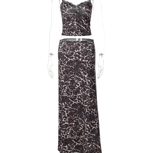 Load image into Gallery viewer, Leopard Print 2 Pcs Sets Patchwork Draped Bow Sexy Crop Camis Maxi Skirt Summer Women Fashion Clothes Beach Festival
