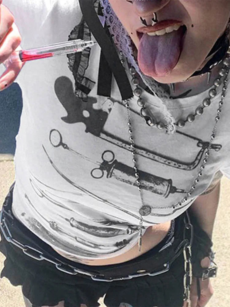 Dark Printed Cropped T Shiirt Gothic Casual Slim O-Neck Short Sleeve Tees Women 2024 Summer Fashion Streetwear Ladies