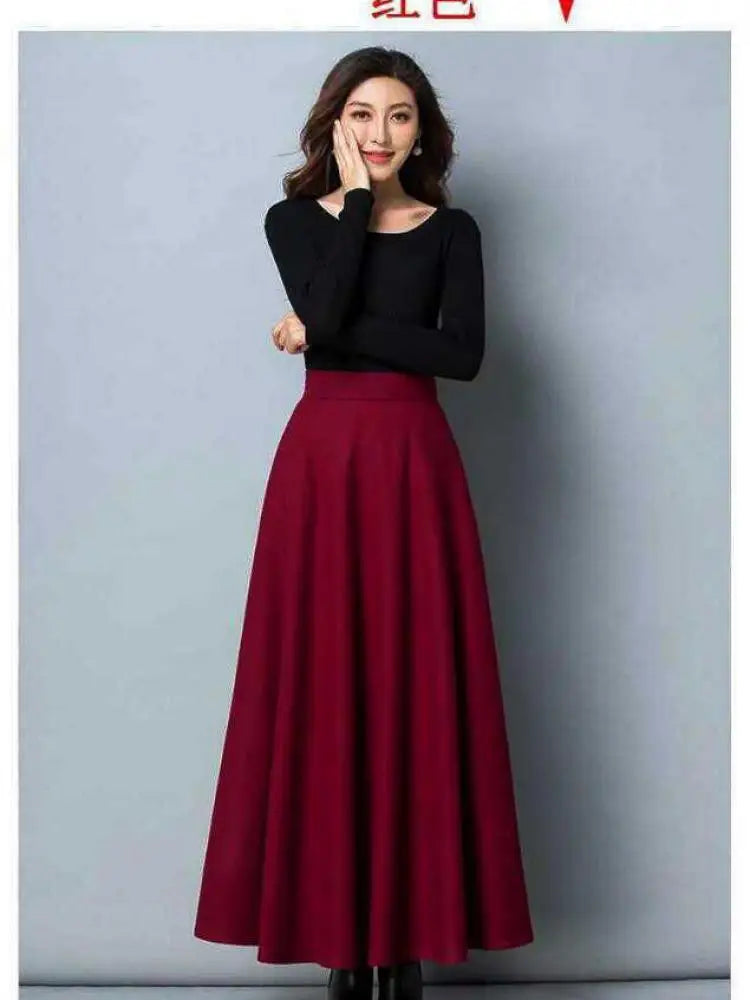 Autumn Winter Black Gray Large Size Woolen Long Skirt Women Fashion Korean Ladies Red High Waist Festival Pleated A-line Skirts