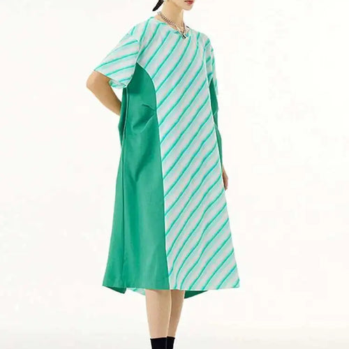 Load image into Gallery viewer, Women Purple Striped Color-block Big Size Dress New Round Neck Short Sleeve Fashion Tide Spring Summer 2025 1DH5420
