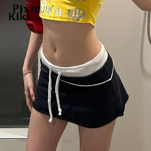 Load image into Gallery viewer, Drawstring Low Rise A Line Mini Skirt Elastic Waist Women Summer Black Skirt Casual Y2k 2000s Clothes P67-BB20
